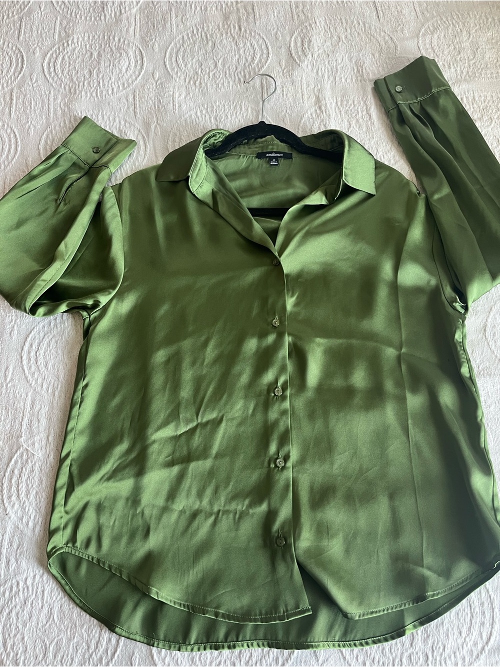 Ambiance Olive Green Satin Button-Down Shirt